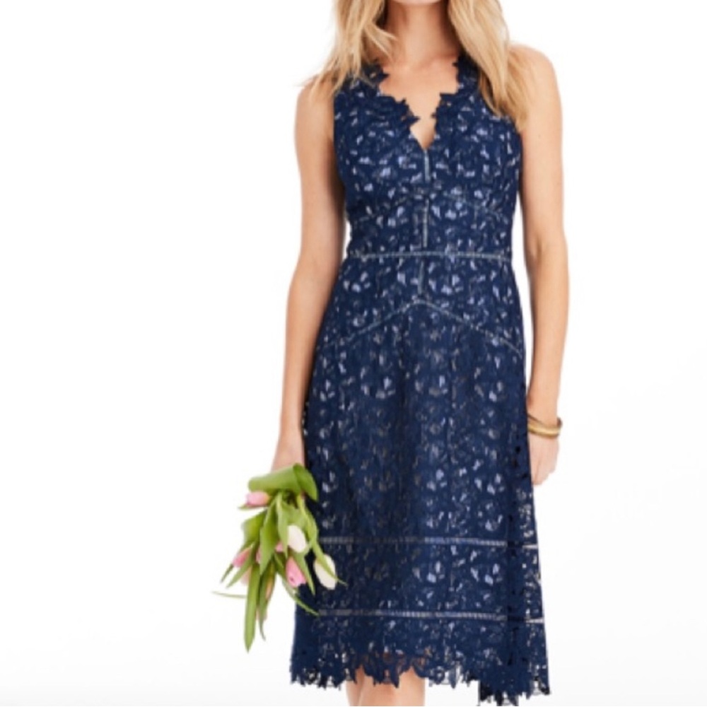 Vineyard Vines Kentucky Derby Navy Lace Dress Sleeveless V-Neck Knee Length 4